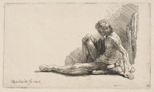 Study from the Nude: Man Seated on Ground, with One Leg Extended, 1646. Creator: Rembrandt Harmensz van Rijn.