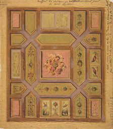 Design for a paneled ceiling painted with putti, birds, and floral motifs on tracing paper..., 19th  Creators: Jules-Edmond-Charles Lachaise, Eugène-Pierre Gourdet.