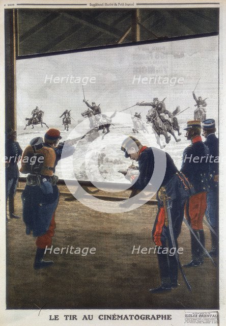 French soldiers using film of a cavalry charge for rifle practice, 1912. Artist: Unknown