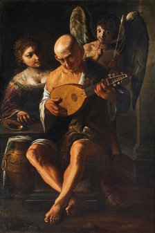 Mondone che suona il liuto con donna e cupido in attesa (Mondone plays the lute while..., 1650. Creator: Paolini, Pietro (1603-1682).