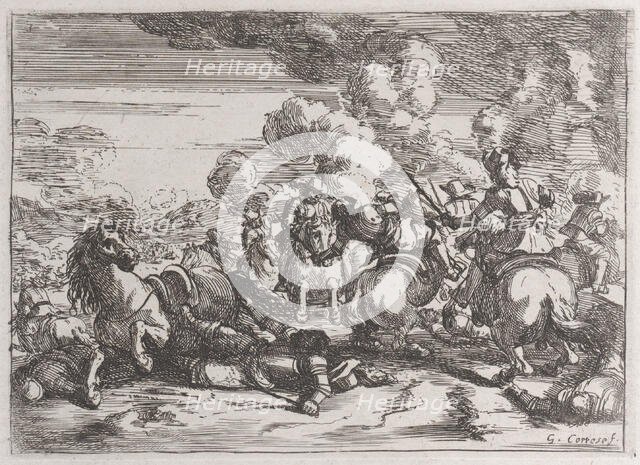 Plate 5: the wounded chief commander lies on the ground, while the battle goes on at ri..., 1635-60. Creator: Jacques Courtois.