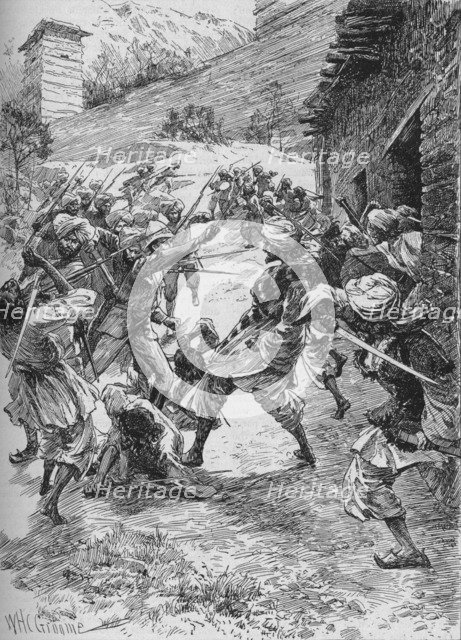 Lieutenant Harley, at the Head of Forty Sikhs and Sixty Kashmiris, Rushed the House Over the Mouth  Artist: William Henry Charles Groome.