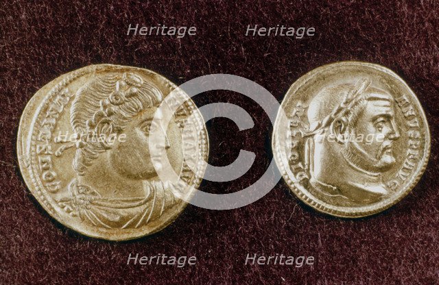 Gold coins showing heads of Roman Emperors Constantine the Great and Diocletian, 4th century. Artist: Unknown