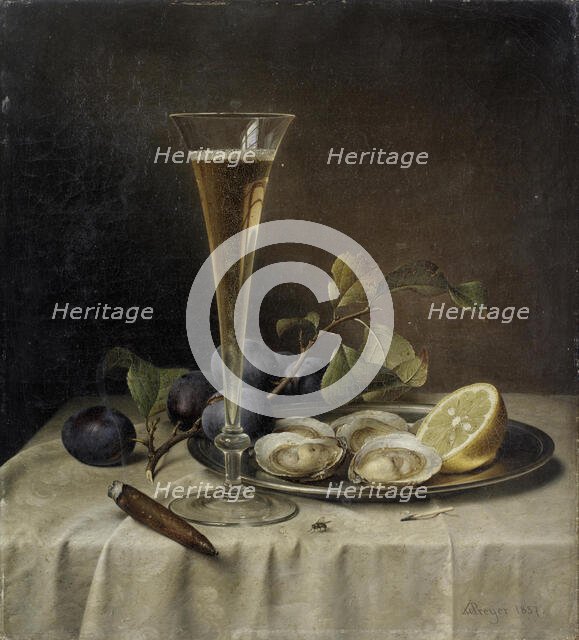 Still life with champagne and oysters , 1857. Creator: Preyer, Johann Wilhelm (1803-1889).