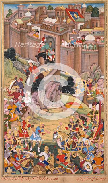 The siege of Arbela in the era of Hulagu Khan, from a Chingiz-nama..., c. 1596. Creator: Basavana (Indian, active c. 1560-1600); Sur Das Gujarati (Indian, active 16th century).