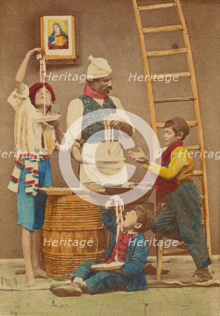 Unidentified man with moustache making pasta, three boys either eating it or helping..., 1865-1870. Creator: Giorgio Conrad.