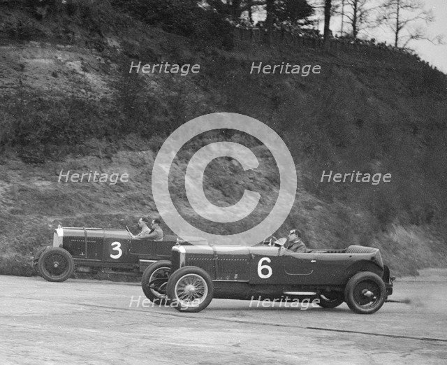 Sunbeam of BO Davis and Bentley of Major H Butler racing at a BARC meeting, Brooklands, 1930. Artist: Bill Brunell.