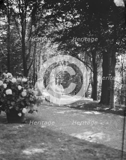 Leslie, Margeurite, and unidentified couple, walking in the woods, 1917 Aug. 18. Creator: Arnold Genthe.