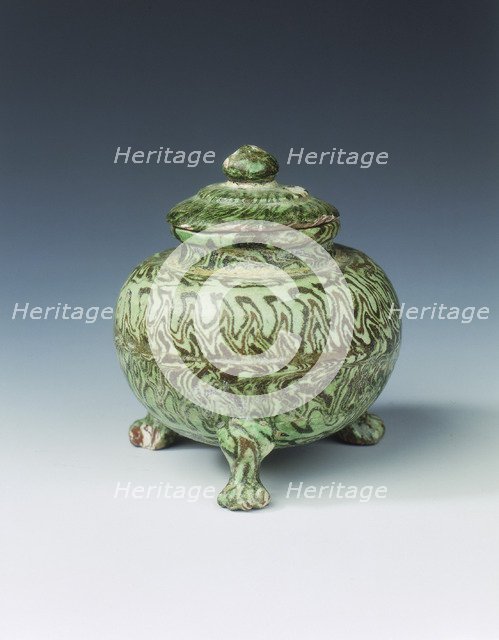 Green marbleware tripod jar and cover, High Tang period, China, 684-756. Artist: Unknown