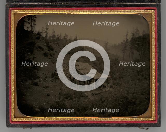 Untitled (Miners and Log Cabin), 1856. Creator: Unknown.