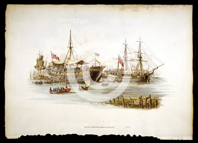 Prison ships (hulks or tenders) in the Thames off the Tower of London, 1805. Artist: William Henry Pyne