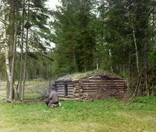 Hut in the forest, for woodcutters and kuria (coal burning), 1912. Creator: Sergey Mikhaylovich Prokudin-Gorsky.