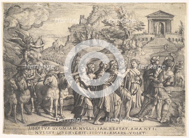 Triumph of Love: four horses draw a carriage with Cupid standing upon a smoking platfo..., ca. 1539. Creator: Georg Pencz.