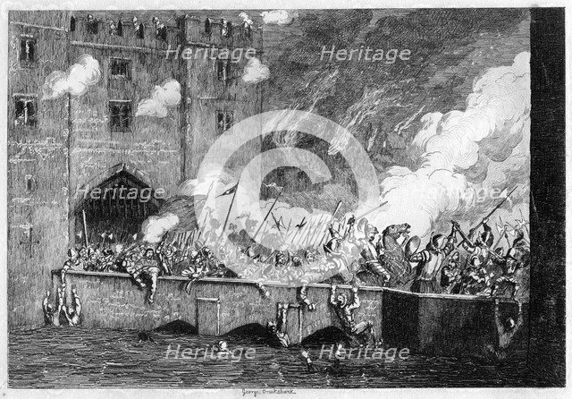 Sir Thomas Wyatt attacking the By-ward Tower, 1554 (1840).Artist: George Cruikshank