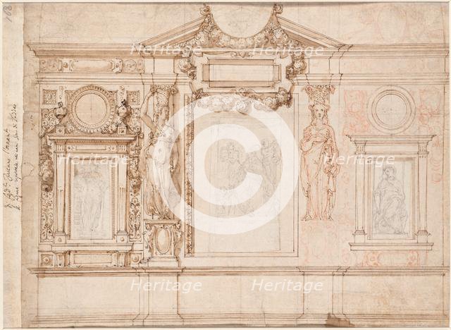 Design for a Wall Decoration with Pasted-in Sketches after Raphael (verso), c. 1580s-90s. Creator: Frederico Zuccaro (Italian, 1540/1-1609).