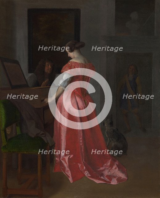 A Woman standing at a Harpsichord, ca 1675. Artist: Ochtervelt, Jacob Lucasz. (1634-1682)