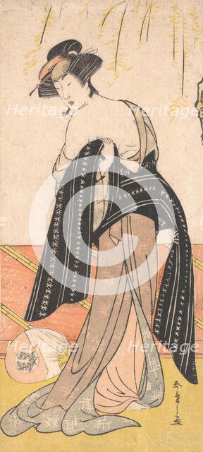 The Actor Nakamura Riko as an Oiran Tying Her Obi, ca. 1779. Creator: Shunsho.