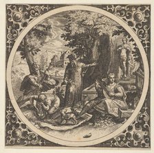 Scene with a Warning Against Venereal Disease in a Circle at Center, 1580-1600. Creator: Theodore de Bry.