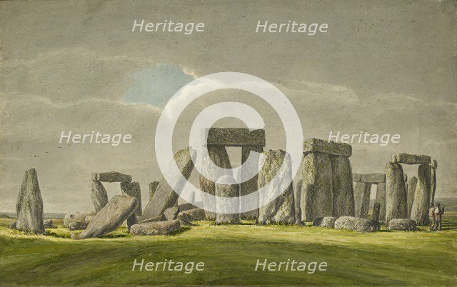 Stonehenge from the S.E, showing stones in ruined state with 2 visitors, 1824-1839. Artist: Henry Browne.