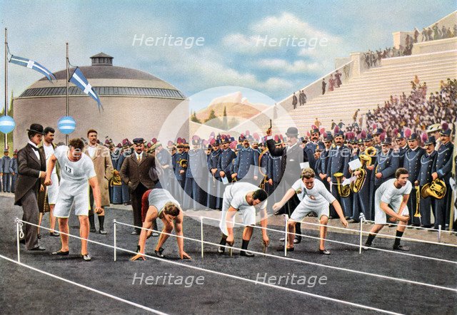 100 metres sprint race at the Olympic Games, Athens, 1896, (1936). Artist: Unknown
