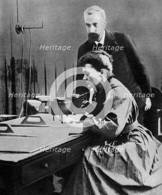 Pierre and Marie Curie in their laboratory, 1898 (1951). Artist: Unknown