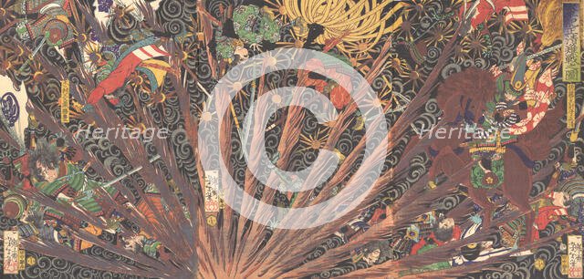 Masakiyo's Challenging Battle, from the series Taiheiki (Taiheiki, Masakiyo nansen no zu),..., 1866. Creator: Tsukioka Yoshitoshi.