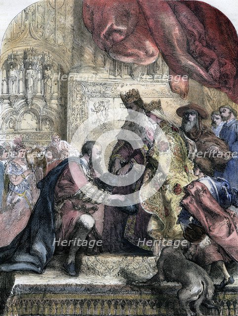 Reception of Columbus by Ferdinand and Isabella, Barcelona, 15th century, (19th century). Artist: Eugene Deveria