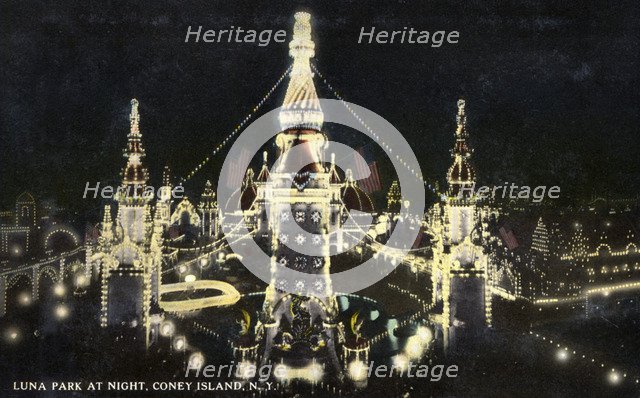 Luna Park at night, Coney Island, New York City, New York, USA, 1916. Artist: Unknown