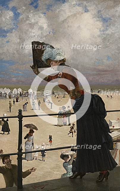 Lady on the walkway of a seaside resort, 1883.