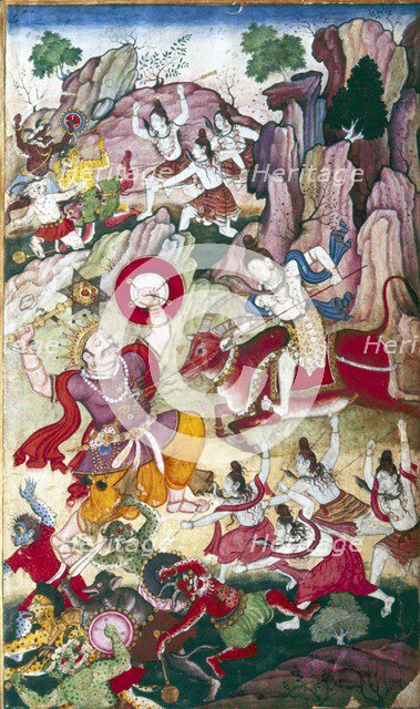 Siva destroys the demon Andhaka, Harivamsa manuscript, Mughul, c1590.  Artist: Unknown.