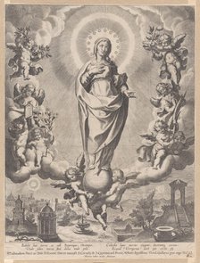 The Virgin in Glory, standing on clouds and surrounded by angels holding the symbols ..., 1595-1633. Creator: Cornelis Galle I.