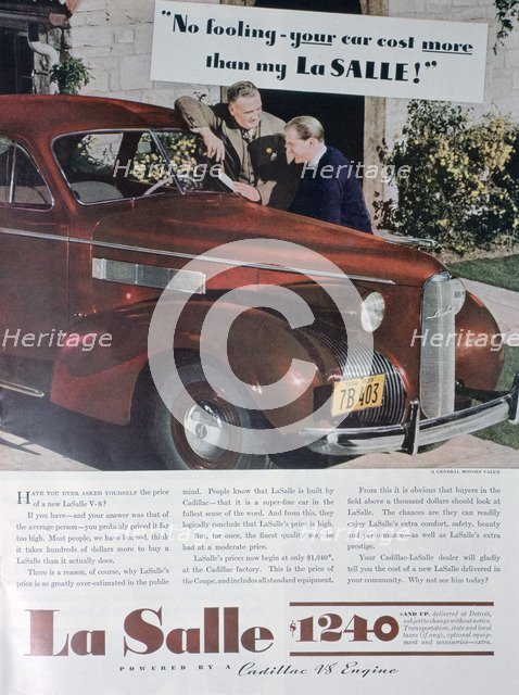 Advert for the LaSalle V8 car, 1939. Artist: Unknown