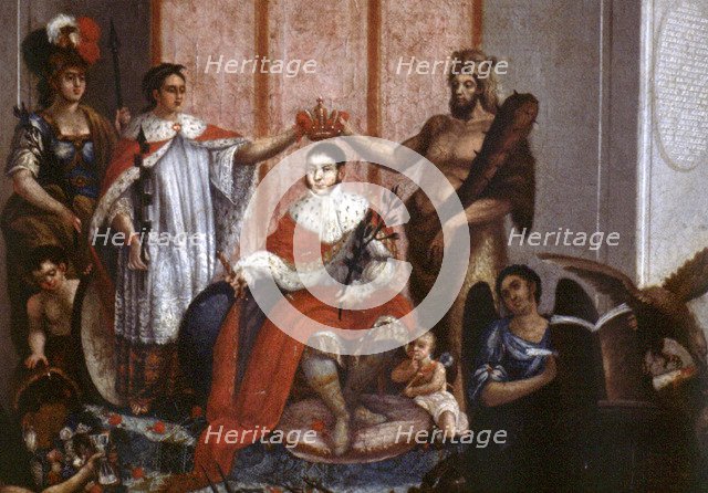 Oil painting represents the coronation of Agustín de Iturbide (1783-1824), soldier, politician an…