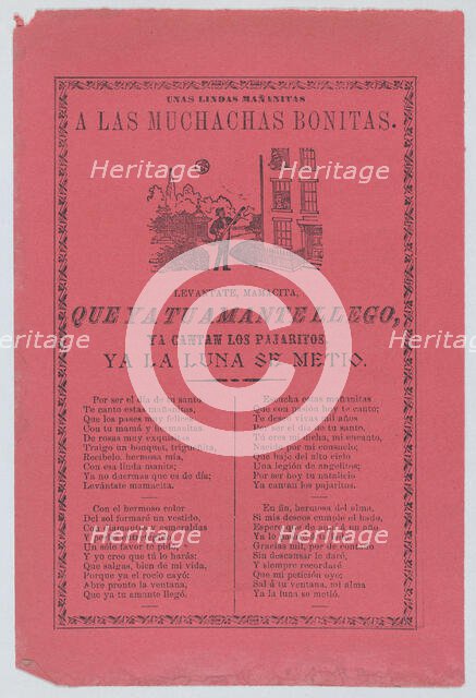 Broadsheet with a ballad about a man who stands outside his lover's window and sings to..., ca.1905. Creator: José Guadalupe Posada.