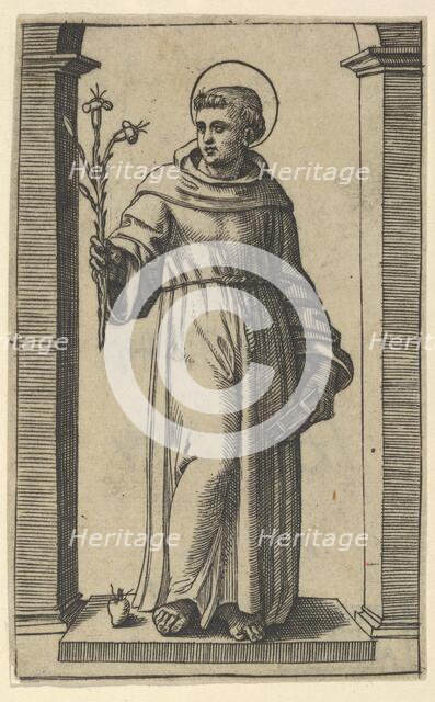 Saint Anthony of Padua standing, lilies in his raised right hand, a book in his ..., ca. 1500-1527. Creator: Marcantonio Raimondi.