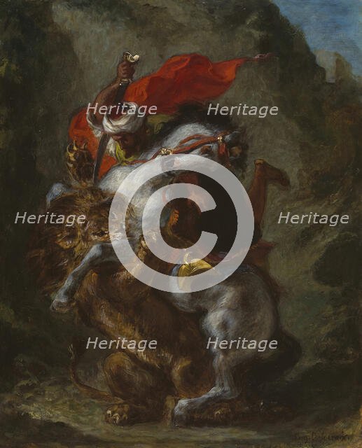 Arab Horseman Attacked by a Lion, 1849/50. Creator: Eugene Delacroix.