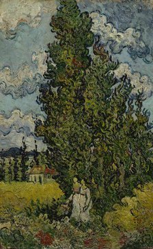Cypresses and Two Women, 1890. Creator: Gogh, Vincent, van (1853-1890).