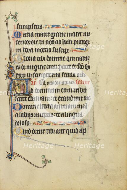 Initial A: A Devil Aiming with a Bow and Arrow at a Kneeling Man in Prayer; Ruskin Hours, about 1300 Creator: Unknown.