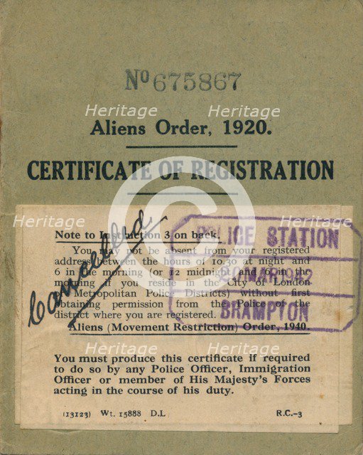 Aliens Order, Certificate of Registration, 1920. Artist: Unknown