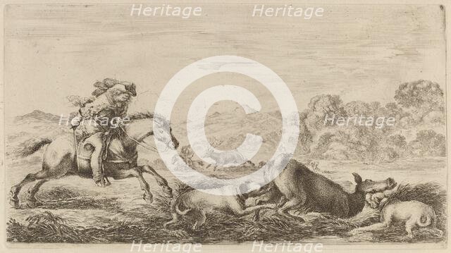 Doe in a Marsh Attacked by Two Dogs. Creator: Stefano della Bella.