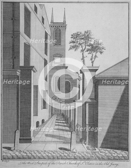 West prospect of the Church of St Olave Jewry from Ironmonger Lane, City of London, 1750. Artist: Benjamin Cole