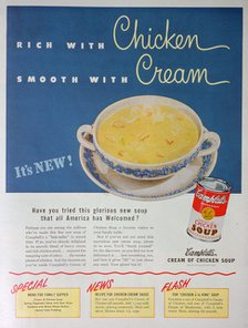 Advert for Campbell's Condensed Cream of Chicken Soup, 1949. Artist: Unknown