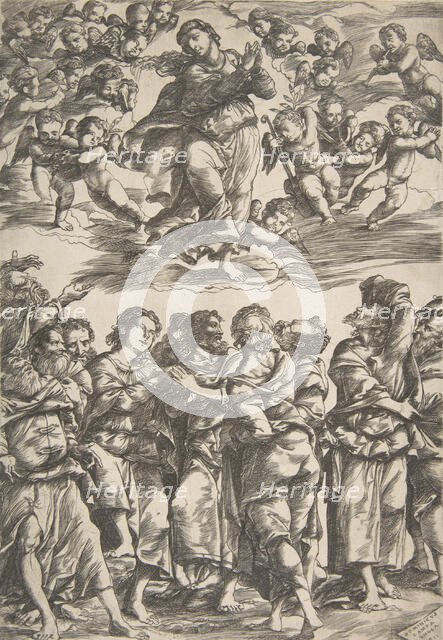 The Virgin at top center in clouds with clasped hands and right foot raised, surrounded by..., 1517. Creator: Domenico Campagnola.