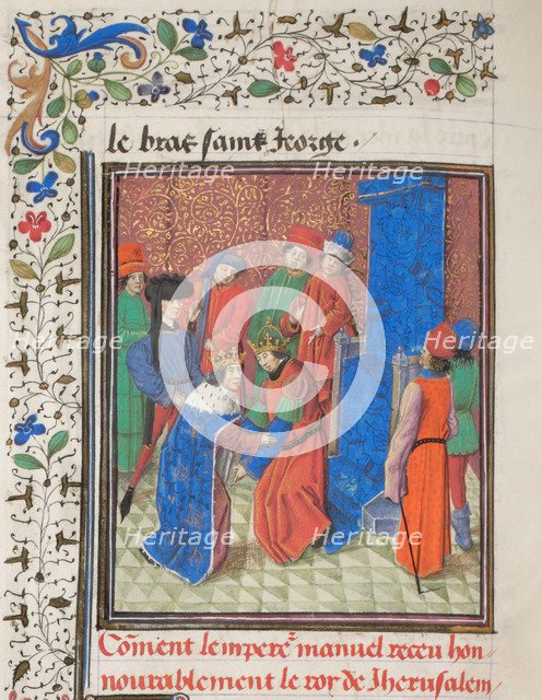 Emperor Manuel I Komnenos meets with king Amalric I of Jerusalem. Miniature from the Historia by William of Tyre, 1460s. Artist: Anonymous  