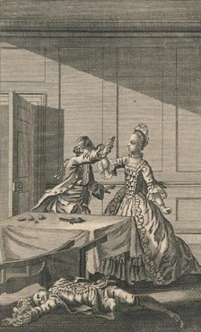'Lucy attempting to shoot herself, after killing Mr. Wimple', 18th century. Creator: Unknown.