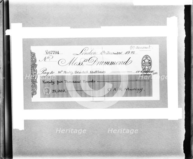 Cheque for £25,000 made payable to British inventor Harry Grindell Matthews, 1915. Artist: Unknown.