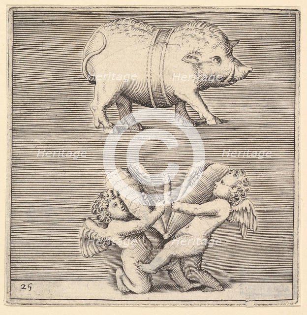 A Belted Pig and Two Cupids (or Geniuses) with a Butterfly (or Moth), published ca. 1599-1622. Creator: Unknown.