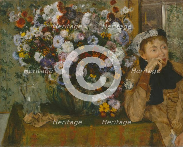 A Woman Seated beside a Vase of Flowers (Madame Paul Valpinçon?), 1865. Creator: Edgar Degas.