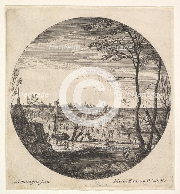 Winter landscape with figures skating on a frozen body of water in a roundel compos..., ca. 1625-60. Creator: Matthijs van Plattenberg.