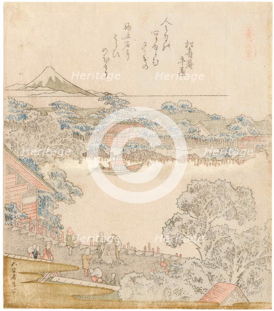 The banks of the Sumida river, Komatomeishi. Triptych from the series Umazukushi, left part, 1822. Creator: Hokusai, Katsushika (1760-1849).